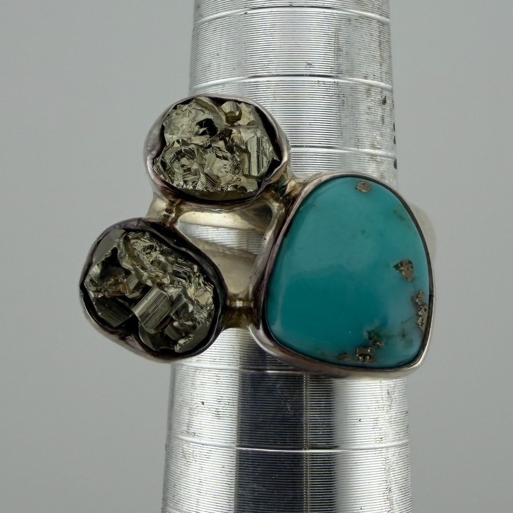 Sterling Silver Bypass Ring Size 7.25 Turquoise Raw Pyrite Statement 925
